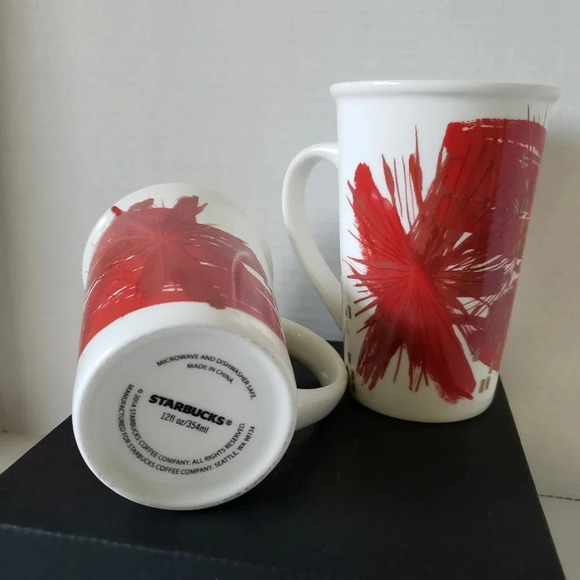 Starbucks set of 2 Red/Gold/White Abstract Christmas Holiday  12oz Coffee mugs. - Picture 3 of 6
